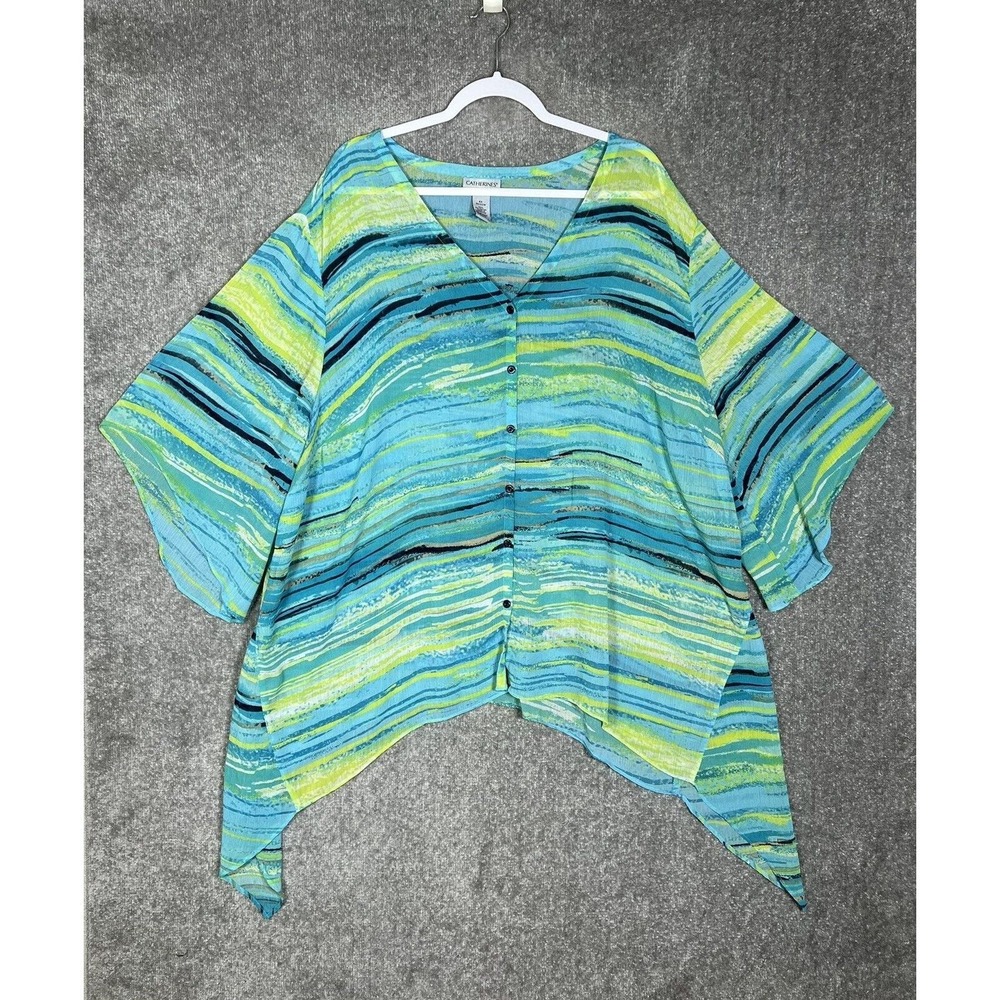 Catherines Sheer Cover Up Top Women Size 4X Blue Green Button Up Sharkbite Hem